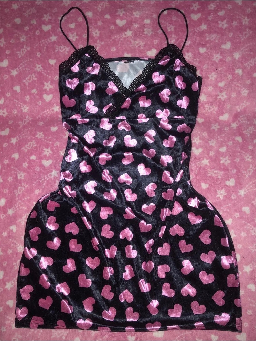 SHEIN Black Chemise with Pink Heart Print